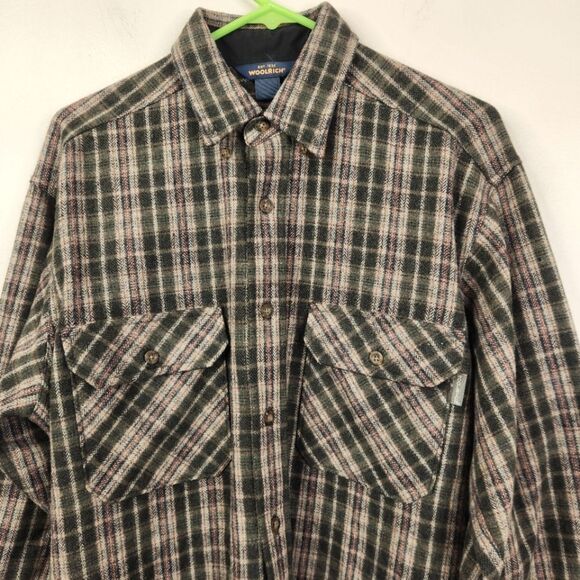 Vtg Woolrich Oatmeal Loden Plaid Long Sleeve Button Down Wool Nylon Blend Shirt - Picture 3 of 7